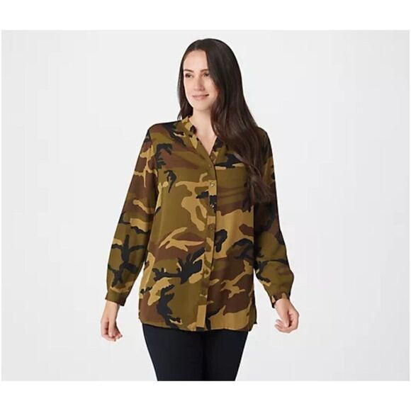 Joan Rivers Women Silky Y-Neckline Long Sleeve Camouflage Blouse Size 10 - Picture 1 of 11